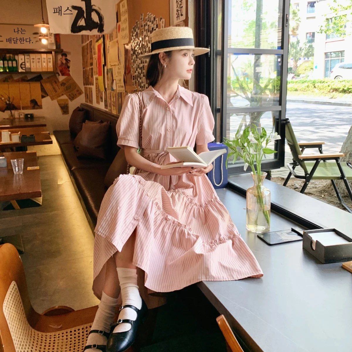 Женское длинное платье-рубашка розовое платье в полоску во французском стиле