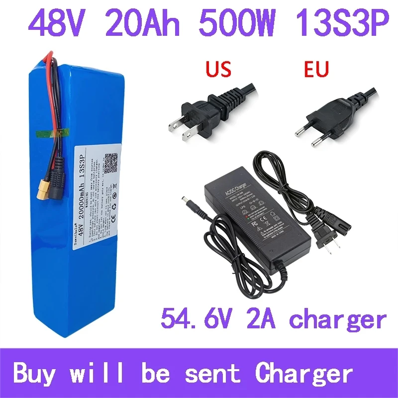

New 48V 20000Mah 500W 13S3P XT60 18650 Lithium Ion Battery 20Ah for 54.6V E-Bike Electric Bicycle Scooter with BMS + Charger