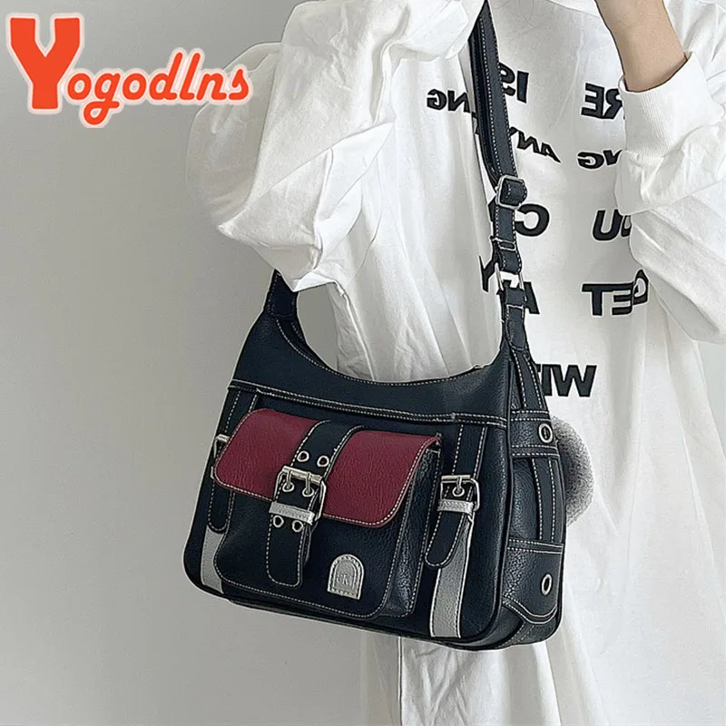 

Yogodlns Retro Patchwork Shoulder Bag For Women Soft Leather Crossbody Bag Cool Girl Messenger Bag Shopping Purse Handbag bolsa