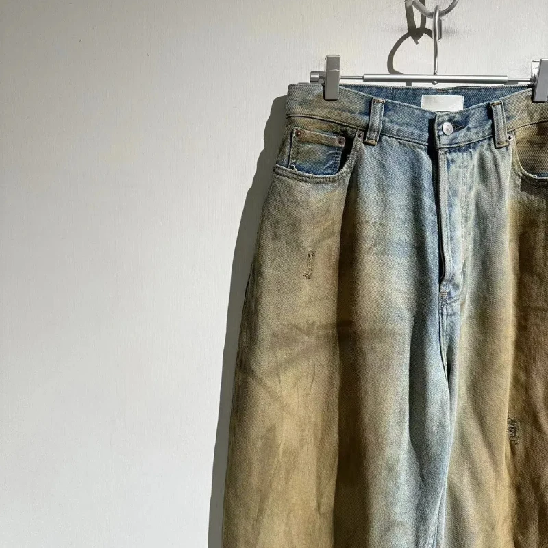 24SS Окрашенные в грязи прямые мешковатые джинсы американском стиле мужские брюки