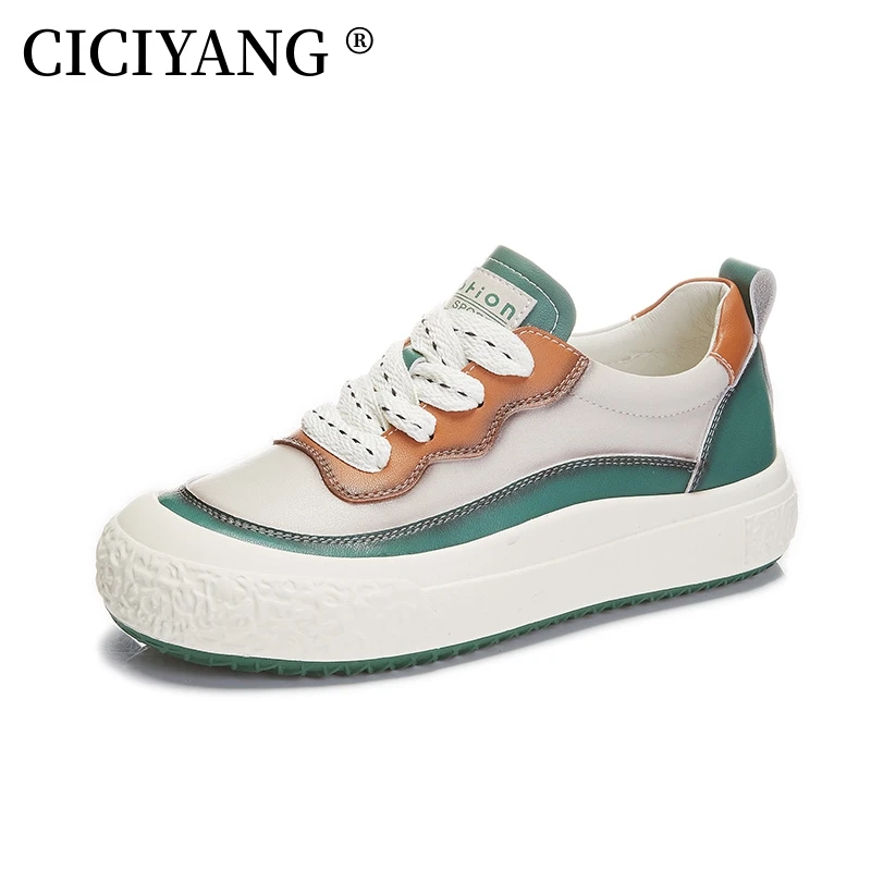 CICIYANG Women's Casual Sneakers Genuine Leather 2023 New Spring Retro Color Matching Chinese Style Ladies Flats Shoes Handmade