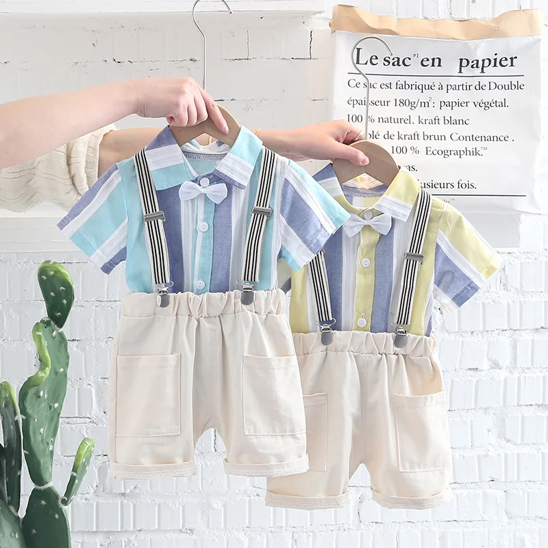 

2022 Summer Toddler Boys Girls Clothes Sets Baby Infant Handsome Suspender Outfits Striped T-shirt +Shorts Kids Fashion Clothing