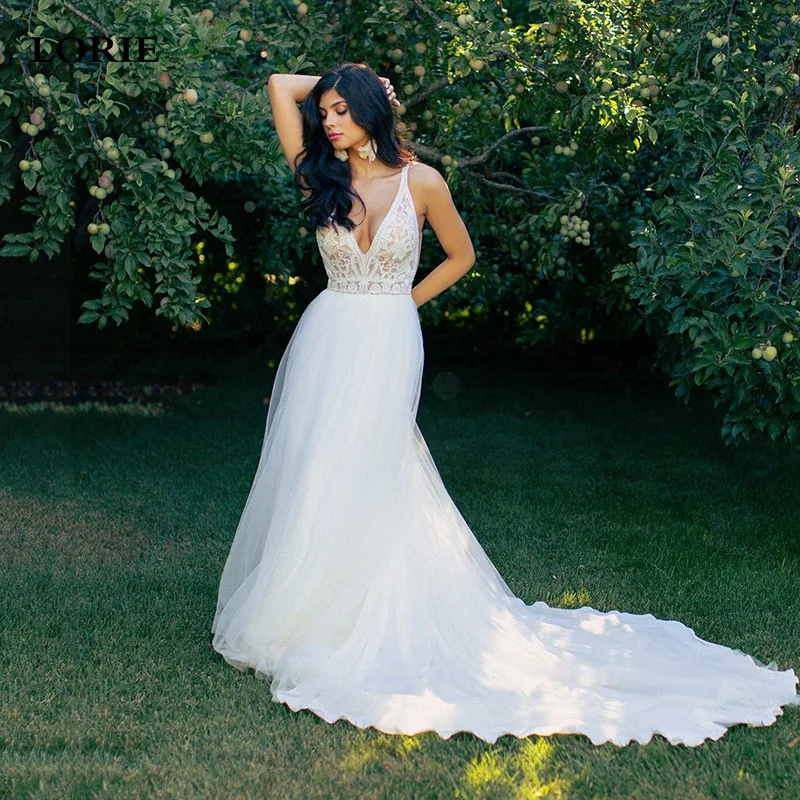 

Кружевные свадебные платья LORIE 2022, привлекательное мягкое Тюлевое платье с V-образным вырезом и длинным шлейфом без рукавов, свадебное платье в стиле кантри