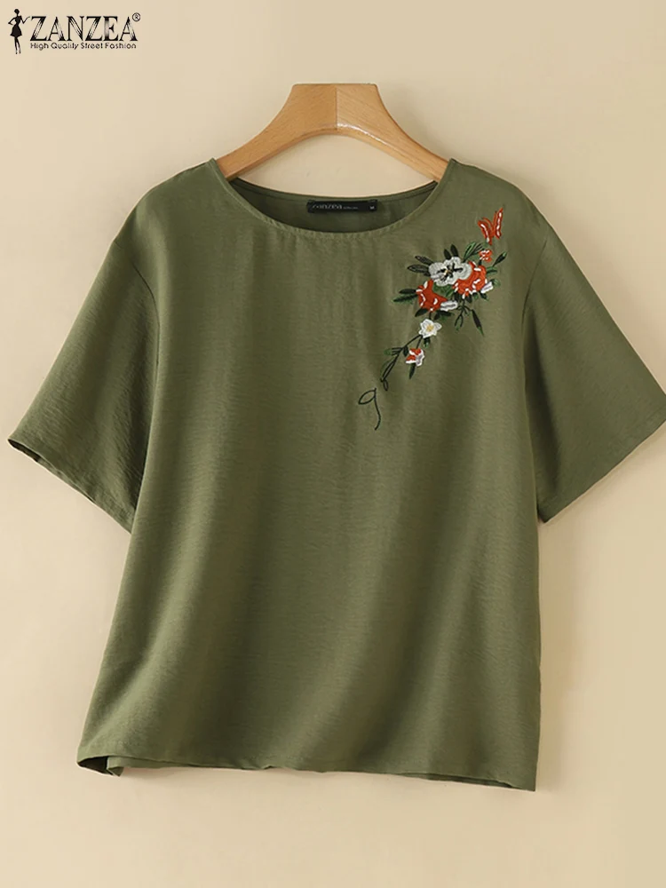 Блузка ZANZEA женская с полурукавами винтажная туника цветочной вышивкой и круглым