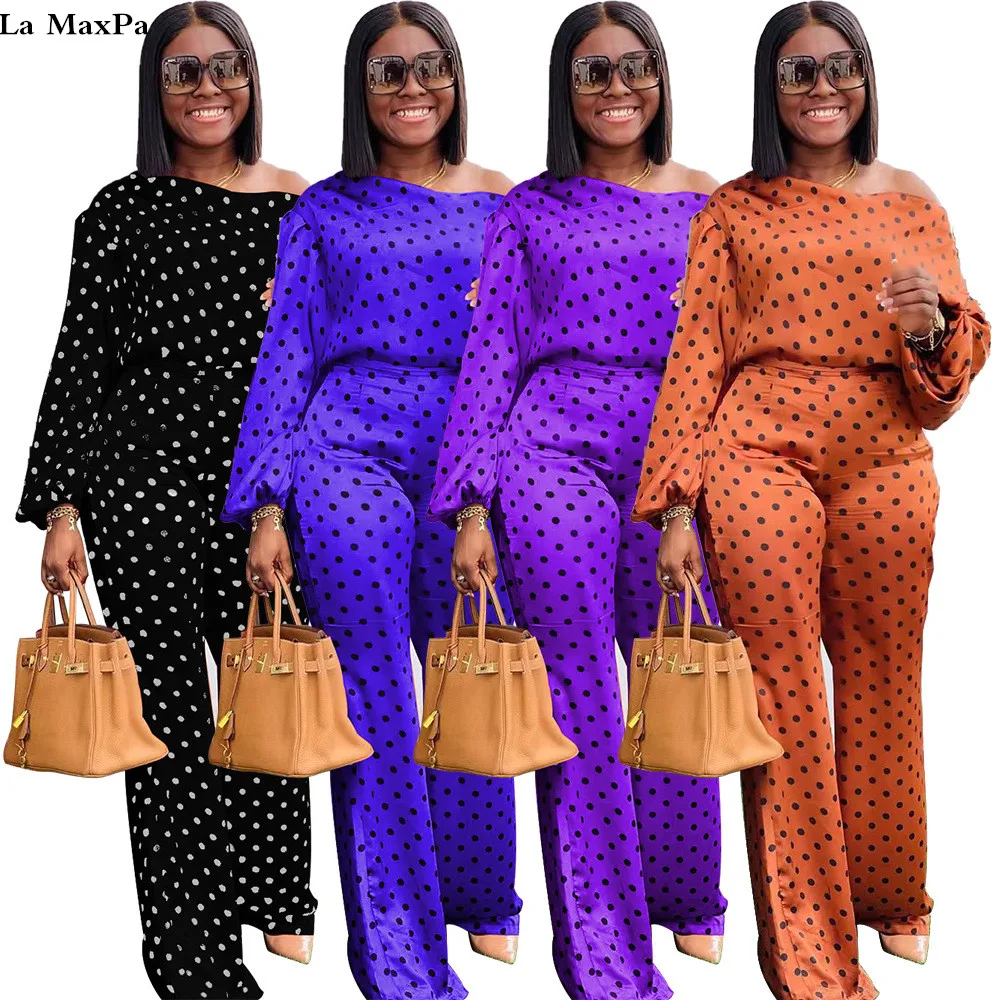 Newest Items  Women Tracksuits 2022 Fashion Dot Print Slash Neck Long Sleeves Loose Wide Leg Pants Jogger Two Pieces Outfits