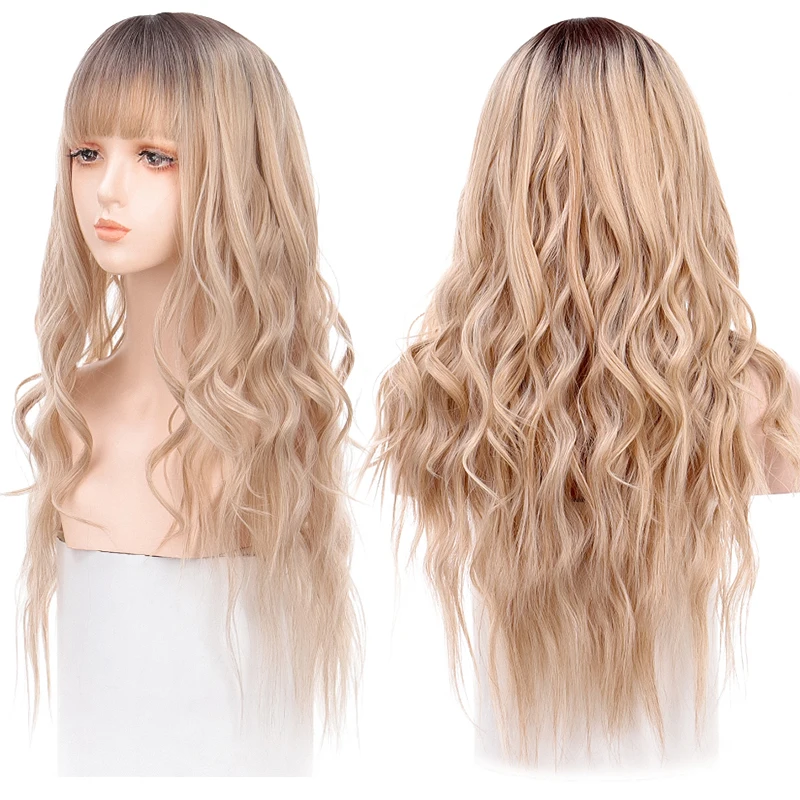 

XG Synthetic 70cm Long Wavy Wig Ombre Blonde Wig With Bangs For Women Curly Hair Middle Part Heat Resistant Fiber Wig For Party