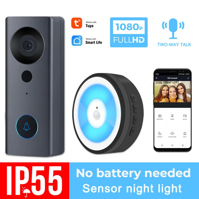 

Новинка 2021 Беспроводной Wi-Fi 1080P визуальный умный Ночной светильник высокой четкости с пассивным ИК датчиком движения дверной Звонок камера