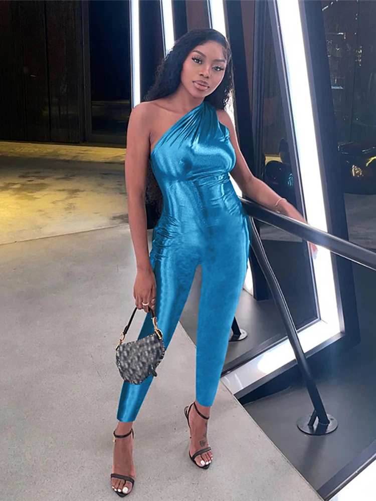 Simenual Sexy Obblique Shoulder Jumpsuit Women One Pieces Sleeveless Solid Slim Overalls Spring Party Club Baddie Clothes Shiny