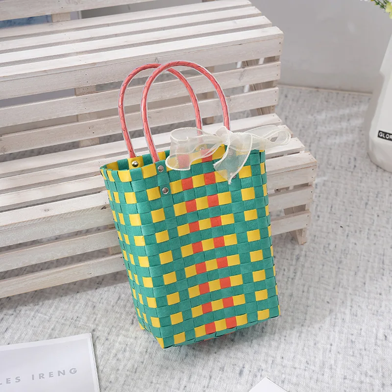 Colorful Woven Small Basket Trend Fashion Splicing Large Capacity Leisure Vacation Vertical Square Beach Bag enlarge