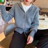 new 2021 winter spring female solid color knitwear women sweaters short cardigans zipper hooded thicken knitted wild korean tops