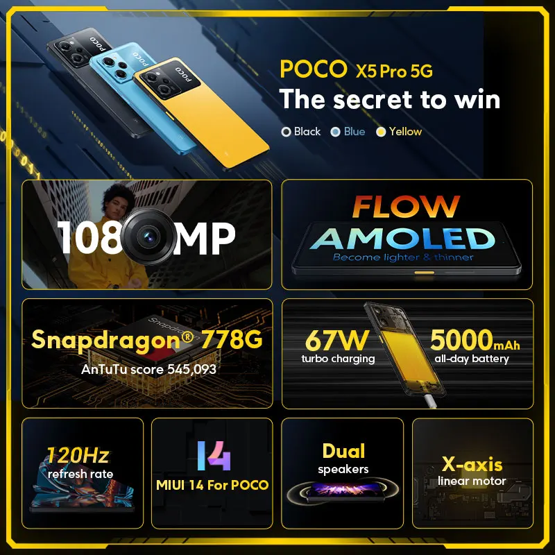 New POCO X5 Pro 5G Global Version Smartphone 128GB/256GB Snapdragon 778G 120Hz Flow AMOLED DotDisplay 108MP 67W NFC