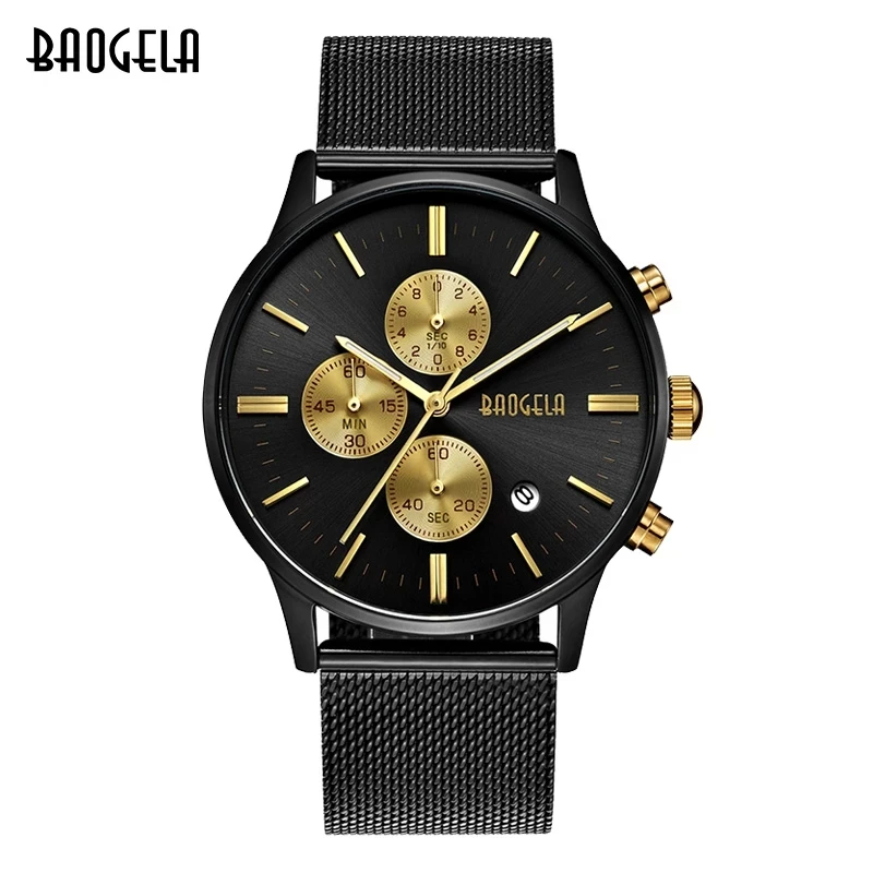 

BAOGELA Men's Watch Waterproof, Analog Quartz Wrist Watches Gold With Black Stainless Steel Mesh Band, Chronograph Date 1611