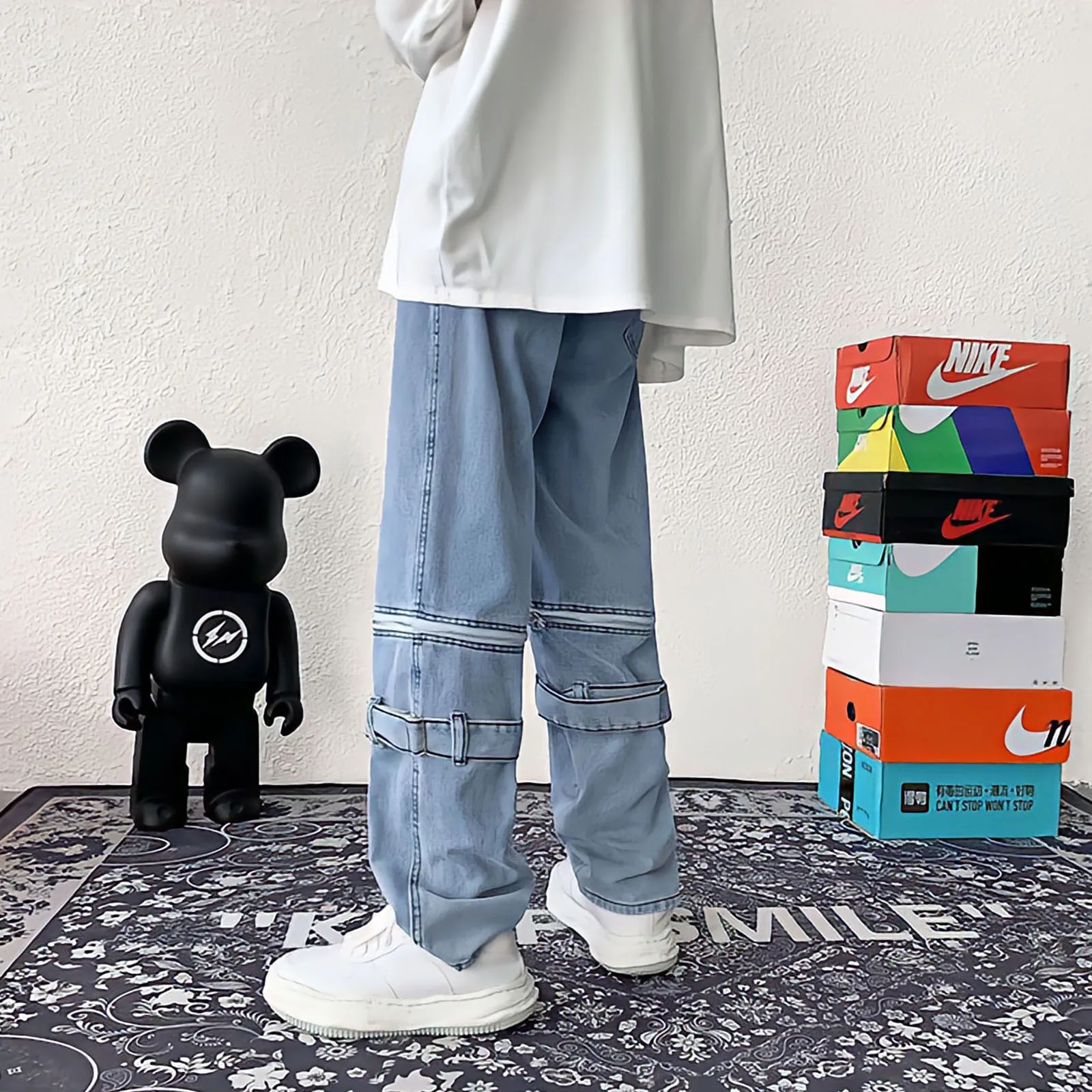 Blue Jeans Man Harajuku Style Detachable Zipper Baggy Straight Cargo Pants Korean Streetwear Hip Hop Punk Wide Leg Trousers