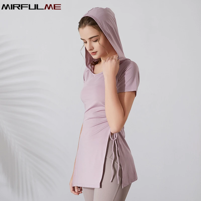 Summer Women Sport Hoodies Yoga Shirts Short Sleeves T-Shirt Bandage Running Hooded Top Quick Dry Gym Fitness Tops Blouse Female