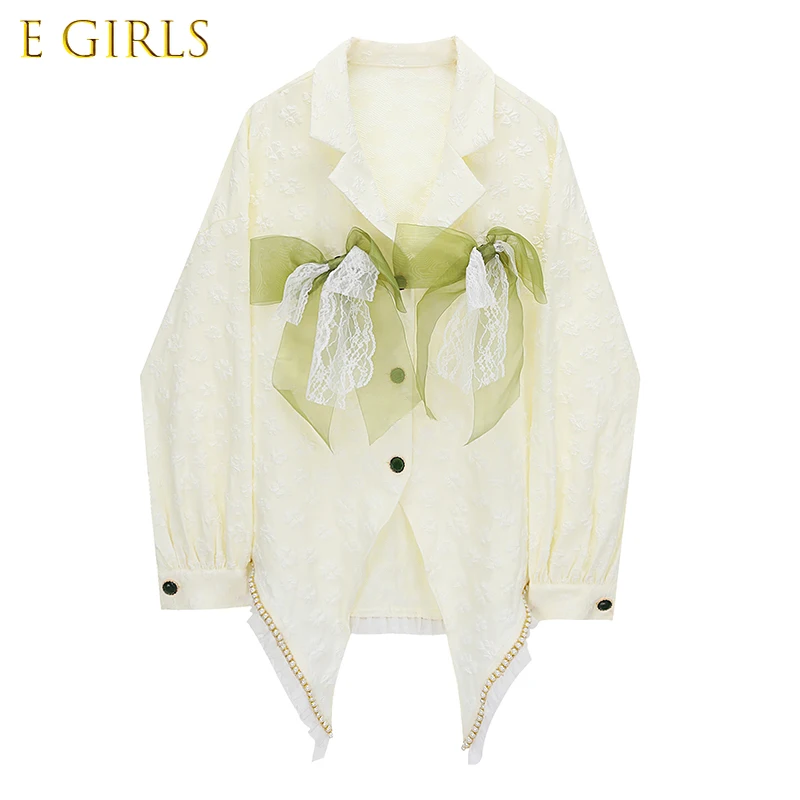 

E GIRLS 2022 Spring New Jacquard Blouse Chic Sweet Lace Tassel Bowknot Top Shirt Women Korean Turn-down Collar Irregular Blusas