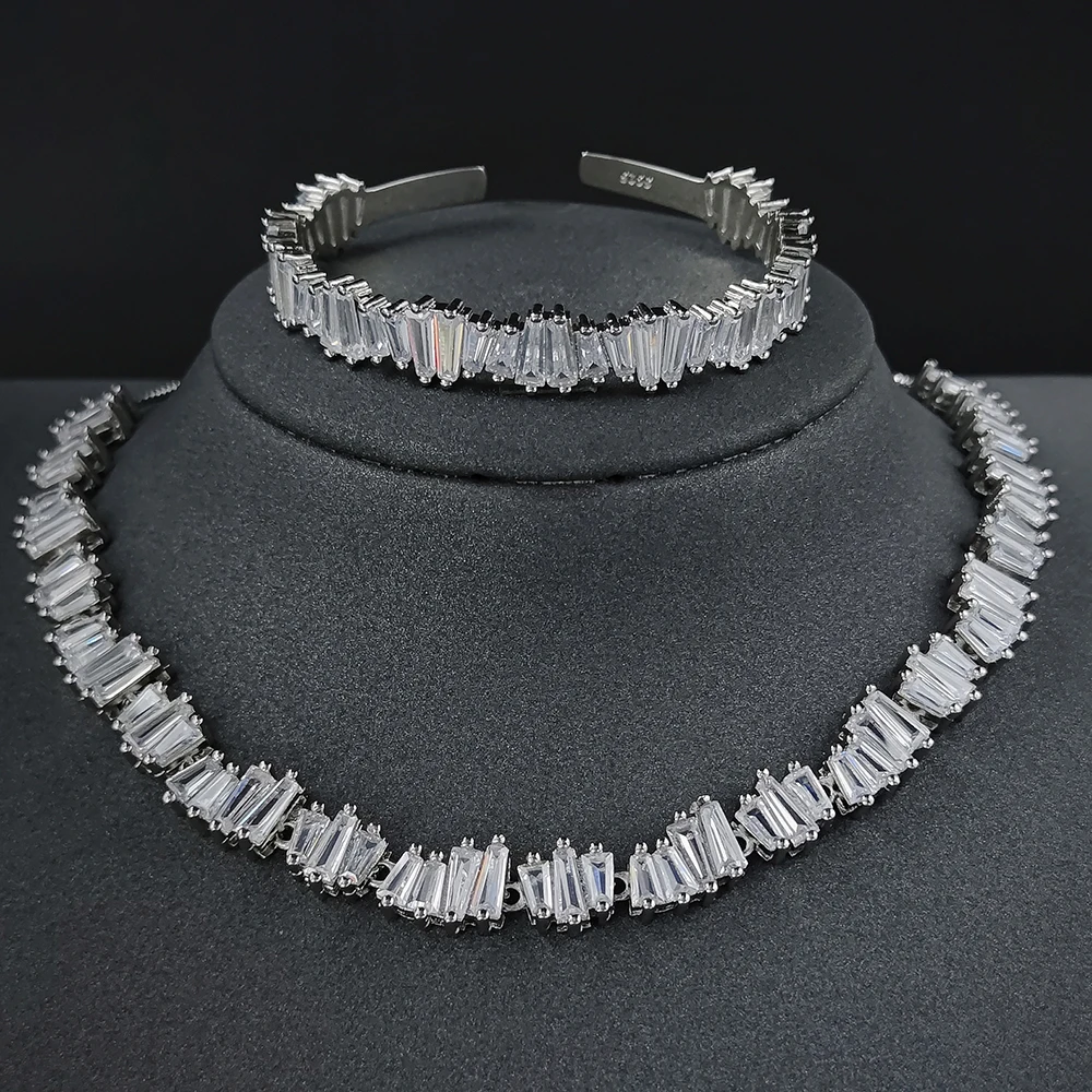 

Роскошный трапециевидный циркониевый серебряный комплект ювелирных изделий невесты Дубаи ожерелье браслет для женщин подарок на свадьбу ...
