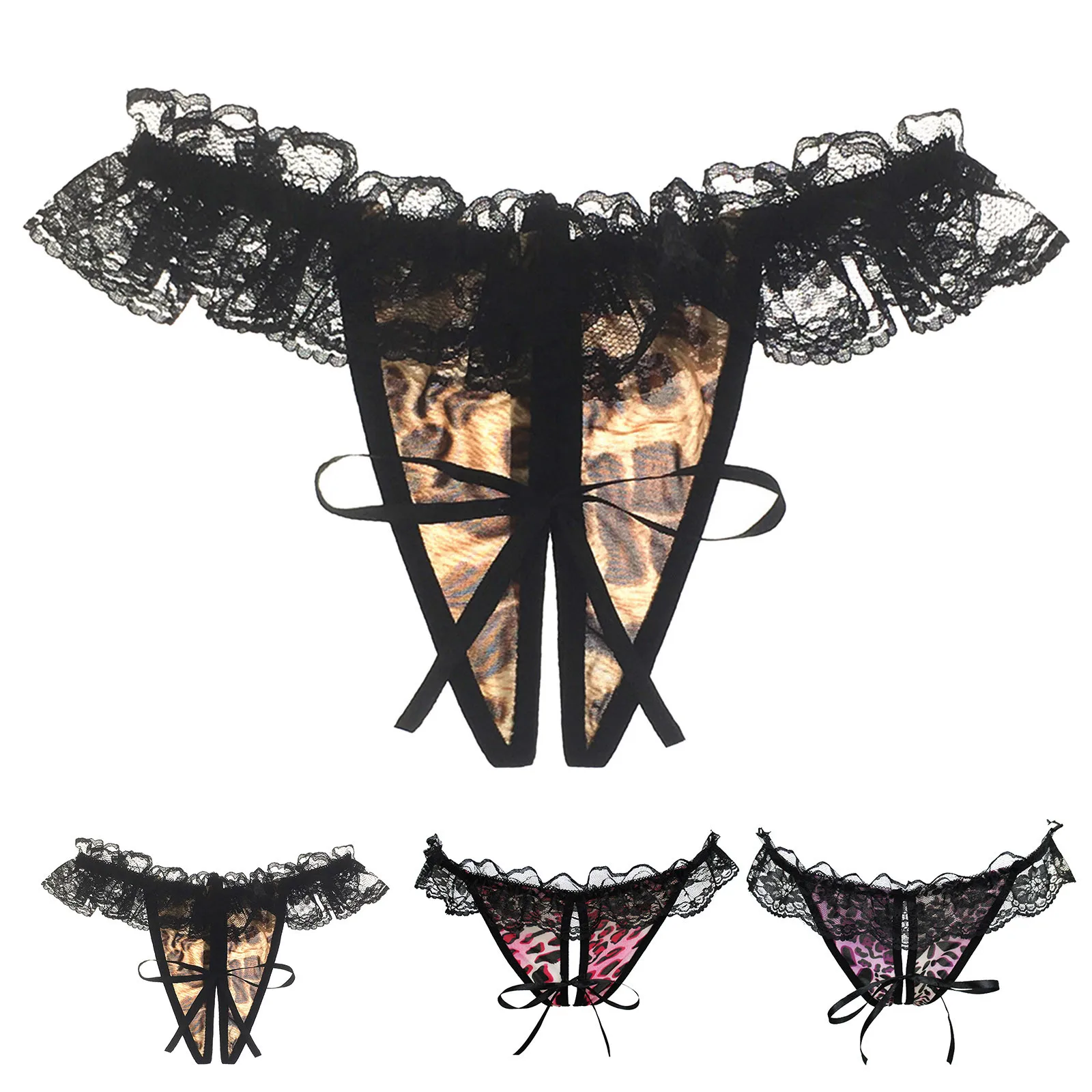 

Leopard Panties Crotch Opening Transparent G-strings Panties Lace Panties Lace Up Bowknot Thongs Panties Briefs Thongs G-strings