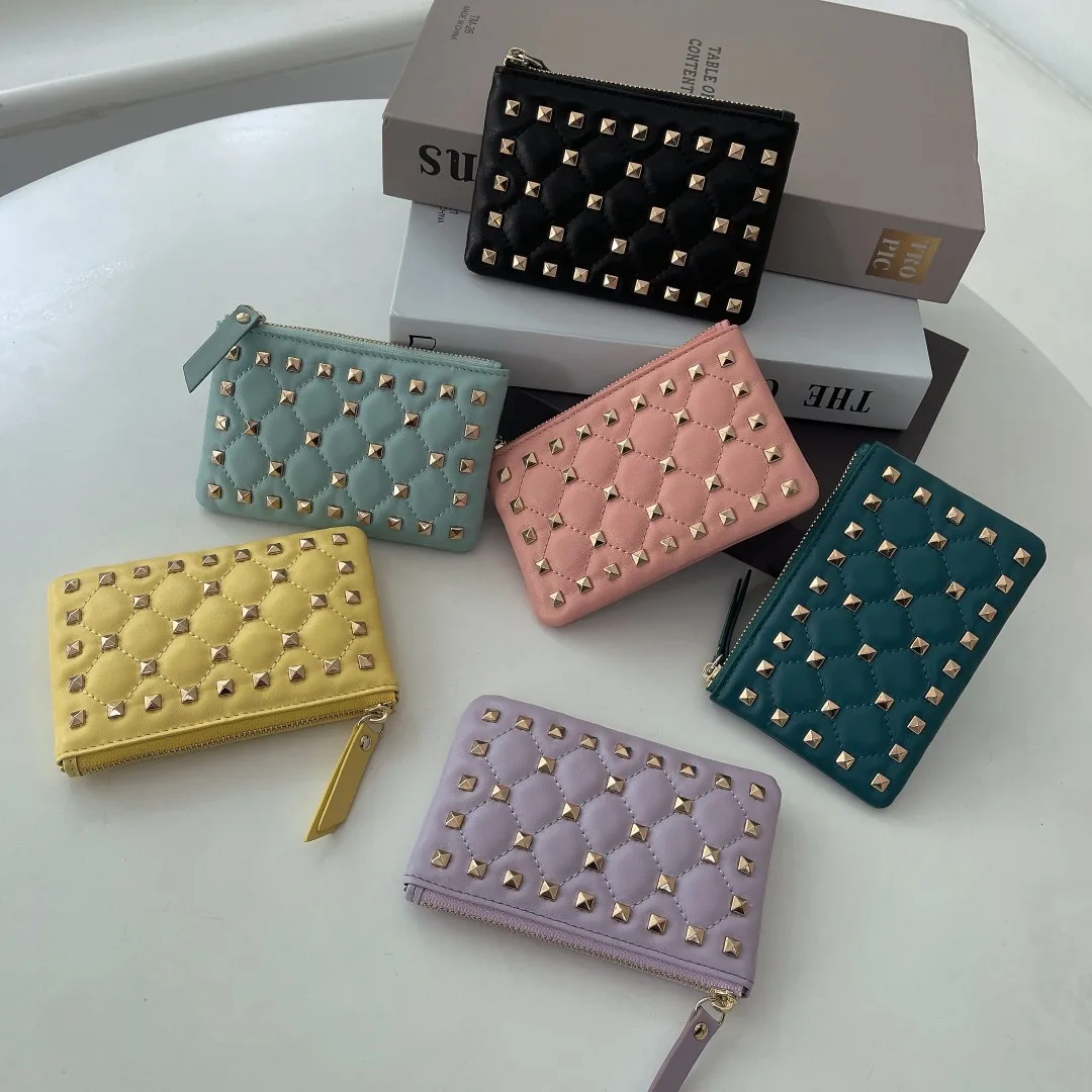 

Royal Bagger Coin Purse for Women Genuine Cow Leather Ladies Card Holder Wallet with Key Chain Rivet Quilted Pattern