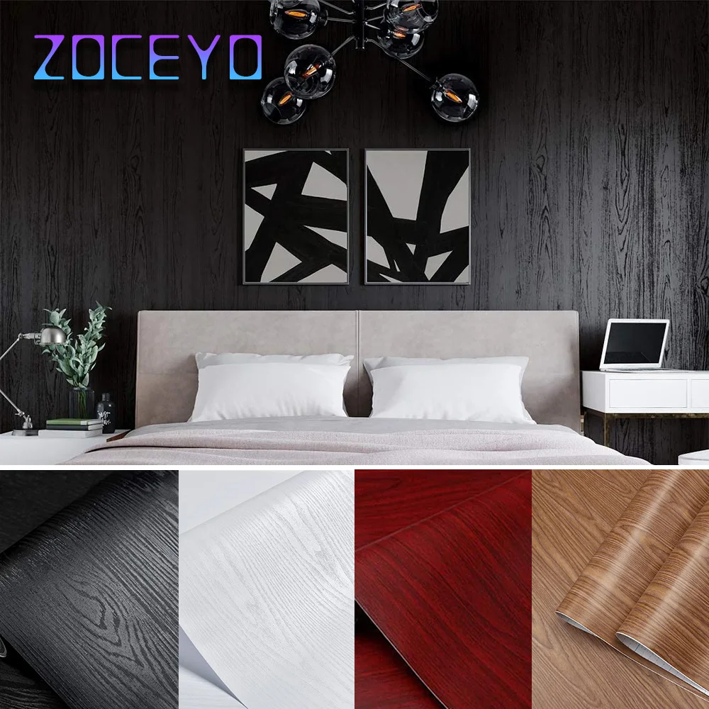 

Wood Grain Self Adhesive Wallpaper Black Wall Decorative Vinyl Peel and Stick Contact Paper Cabinet Countertop DIY Sticker 1-10m