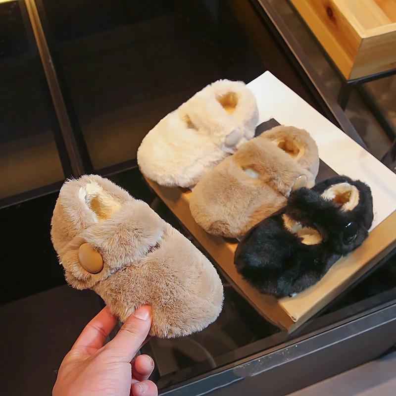 

Милые детские зимние плюшевые туфли на хлопковой подкладке в Корейском стиле для девочек, теплая мягкая подошва с круглым носком для мальчи...