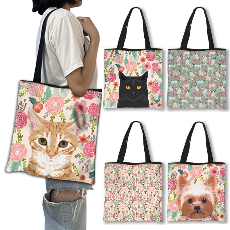 

Cute Flower Print Cat Dog Handbag Woman Fashion Shoopping Bags For Travel Canvas Shoulder Bag Large Capability Totes Bags Gift