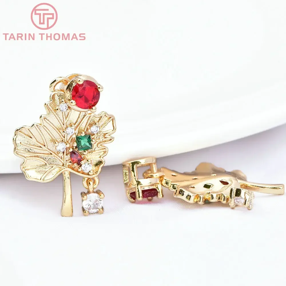 (7325) 4 шт. 18x29 мм 24-каратное золото латунь с цирконовыми листьями подвески