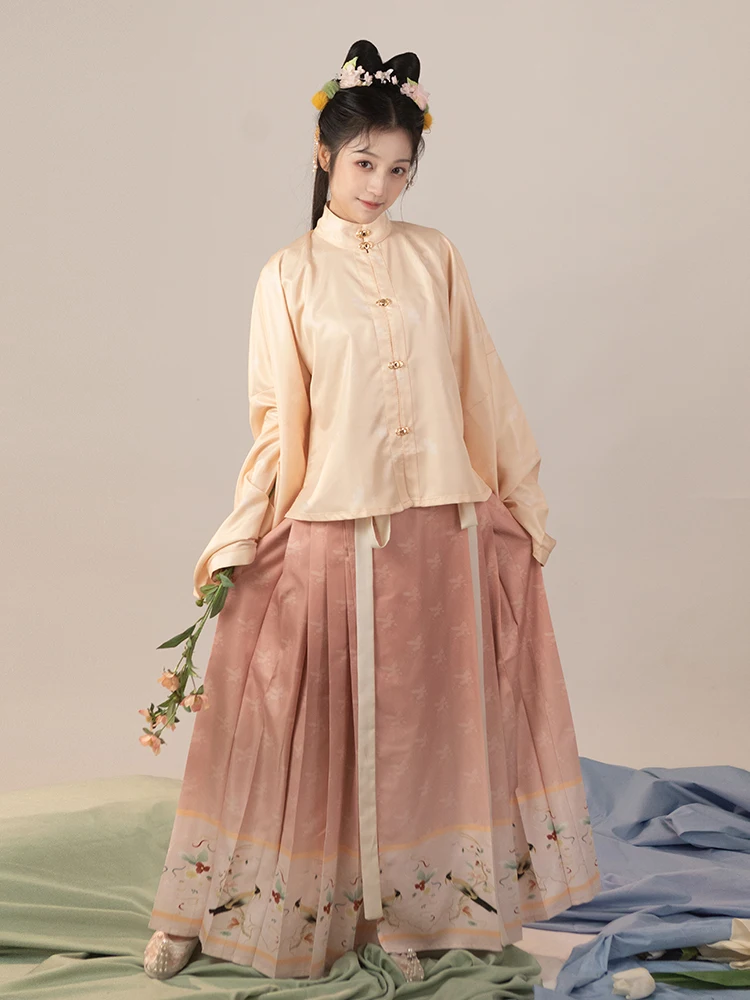 Original Chinese Traditional Hanfu Female Ming Dynasty Stand Collar Neck Embroidered Horse Face Pony Skirt Daily
