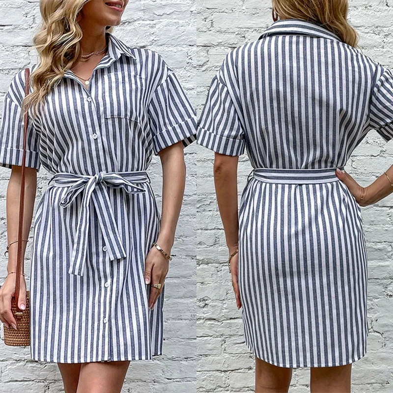 

Женское платье на пуговицах, летнее платье-рубашка в полоску с V-образным вырезом и коротким рукавом, с завязкой на талии, повседневные свобо...