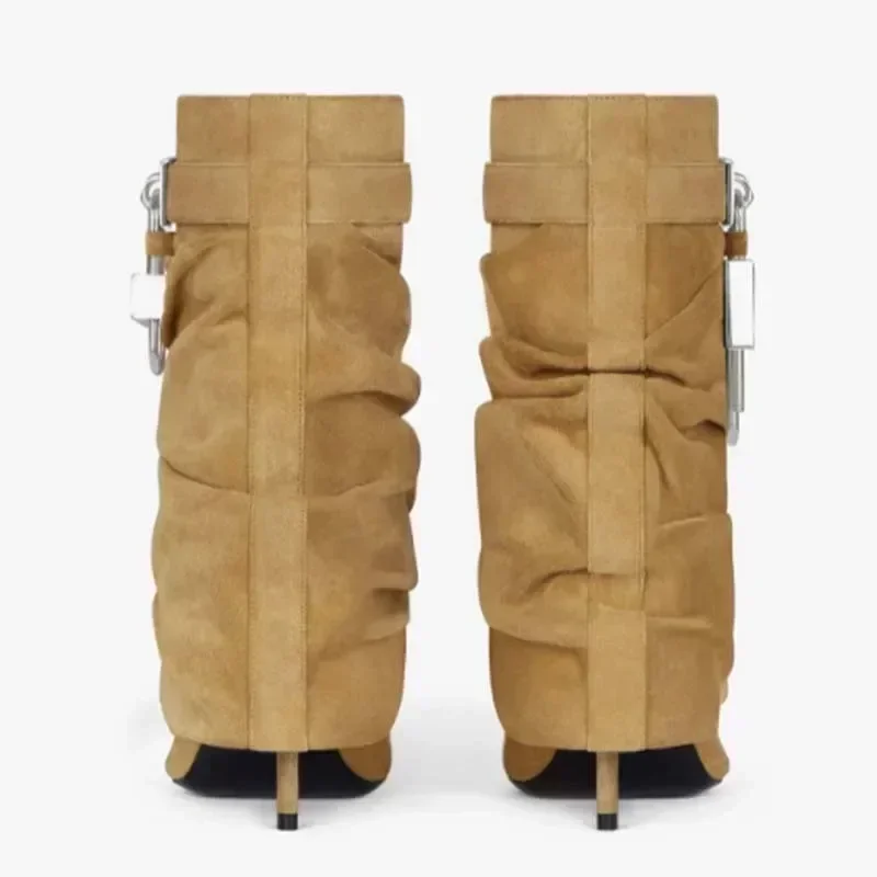 2024 зимние новые модные плиссированные ботильоны с металлическими пуговицами и