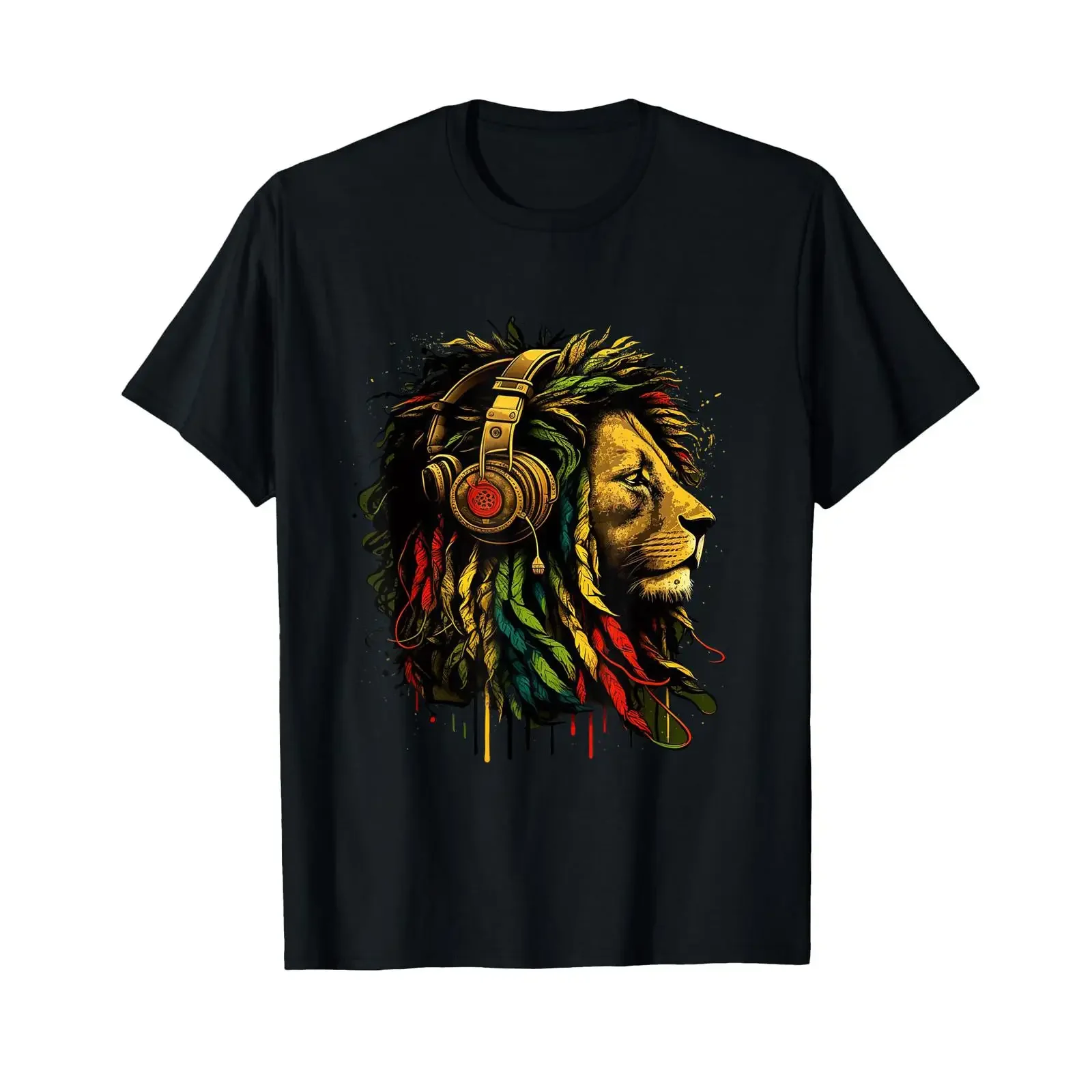 Фото Футболка Rasta Reggae Music Headphones Jamaican Pride Lion of Judah, винтажная, с эффектом потертости, с графическим принтом, дышащая, удобная, стильная. №1
