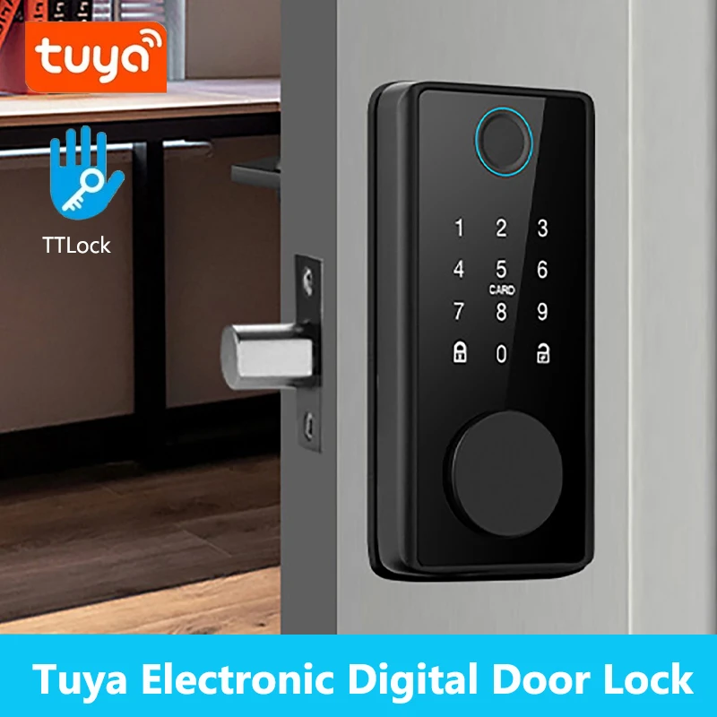 Фото Умный замок с засовом по отпечатку пальца с защелкой/датчиком двери TT Lock APP Пароль/карта/ключ разблокировки Электрический деревянный дверной замок Tuya №1