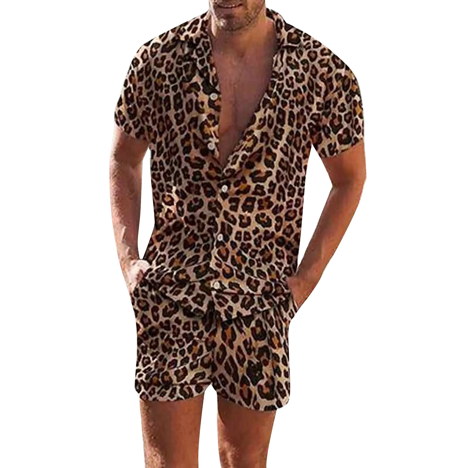 Leopard Print 2 Piece Suit Deep V-neck Tracksuit Short Sleeve Male Set Loose Beachwear Conjuntos Cortos Beach Dailywear 2023