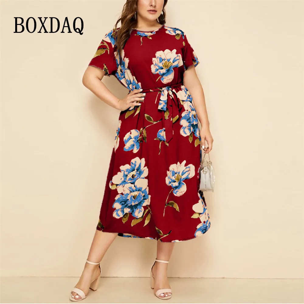 

5XL Plus Size Dress Women 2023 Summer O-Neck Short Sleeve Floral Print Red Dress For Women Belt Elegant Bandage Chiffon Dresses