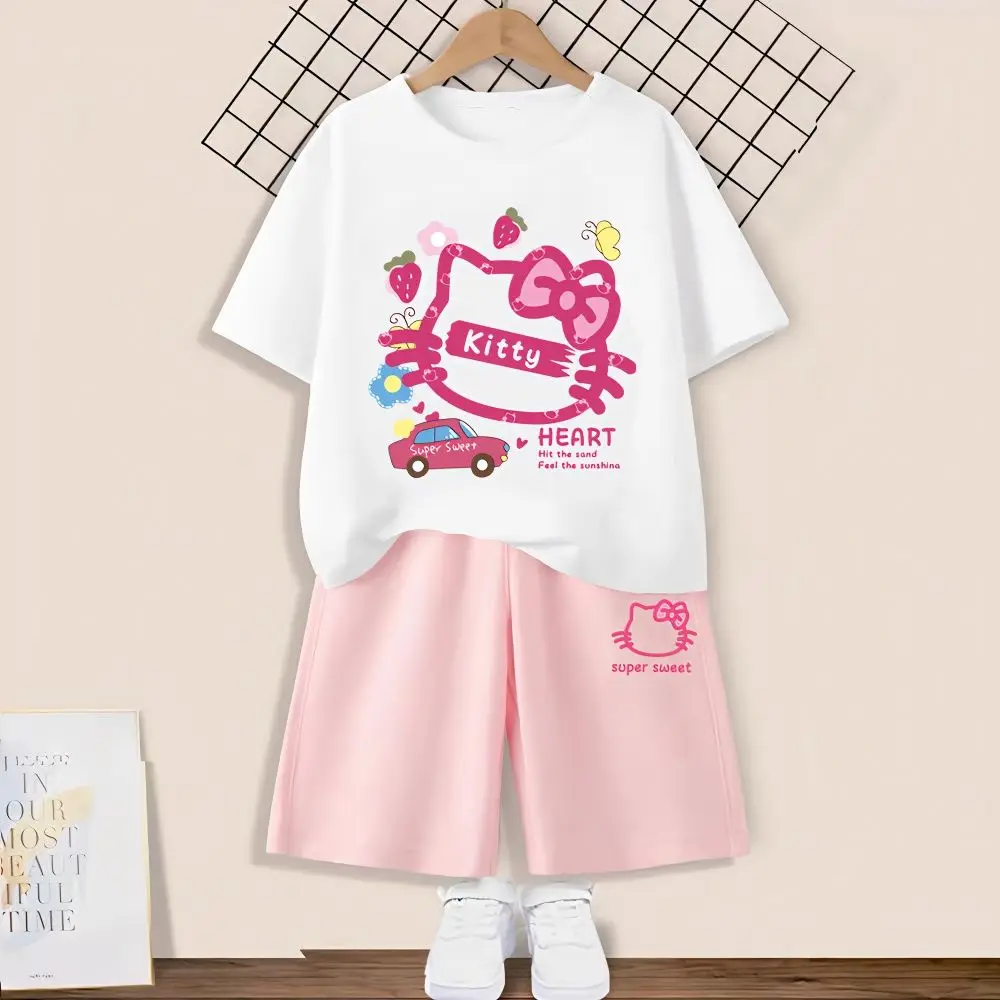 

Летний комплект для девочек Sanrioed Hellokittys с коротким рукавом из чистого хлопка, повседневный спортивный комплект из двух предметов для детей среднего и старшего возраста