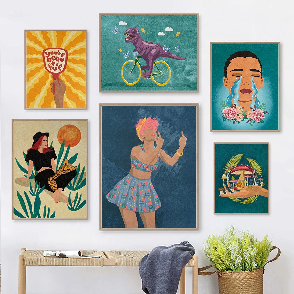 

Leisurely Girl Abstract Art Print Canvas Painting Mushroom Cosmos Dinosaur Bike Retro Oil Painting Print Living Room Home Decor