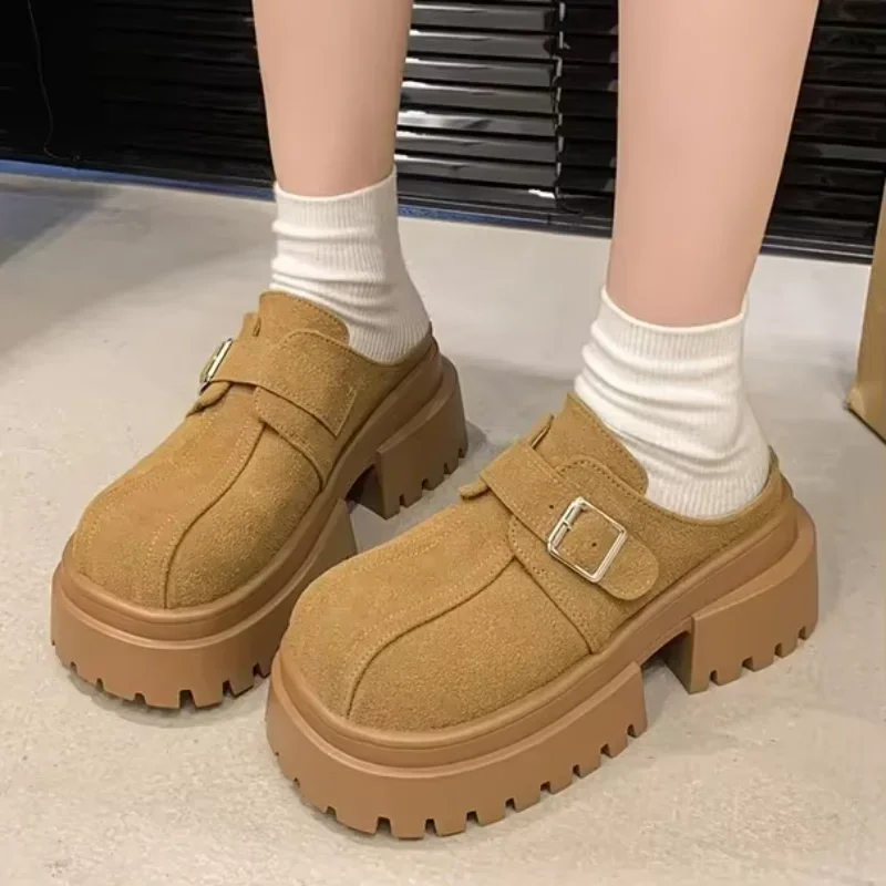 Зимние современные тапочки из коровьей замши на высоком каблуке женская обувь