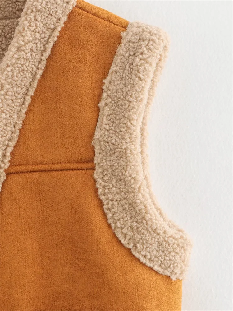 Zevity New Women Fashion Brown Fur Integrated Vest Jacket Female High Street Open Stitching Pockets Winter WaistCoat Tops CT7142