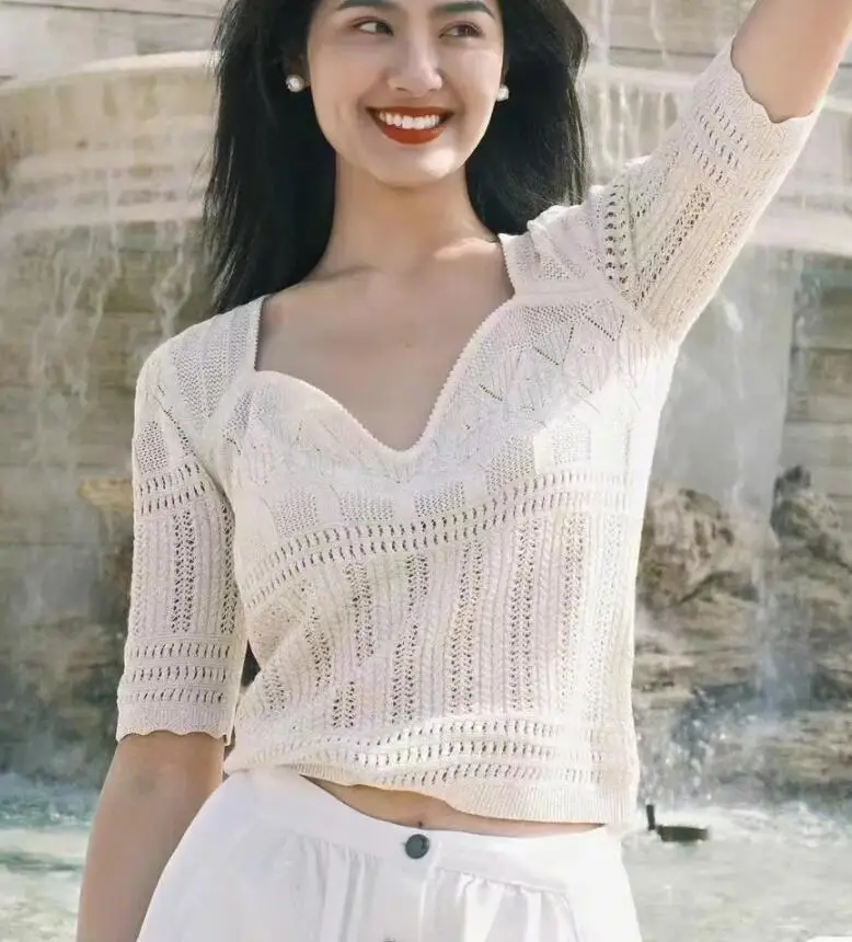Женский вязаный тонкий свитер футболка с коротким рукавом элегантный женский