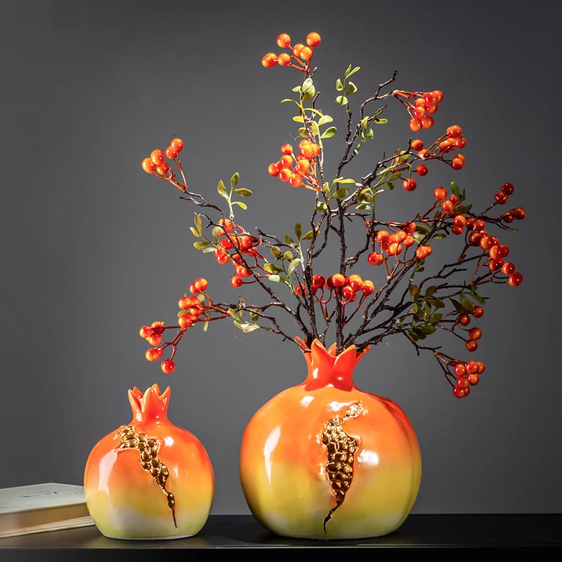 New Chinese pomegranate shaped ceramic ornaments creative decorations inserted with dried flowers simulated small vase in living