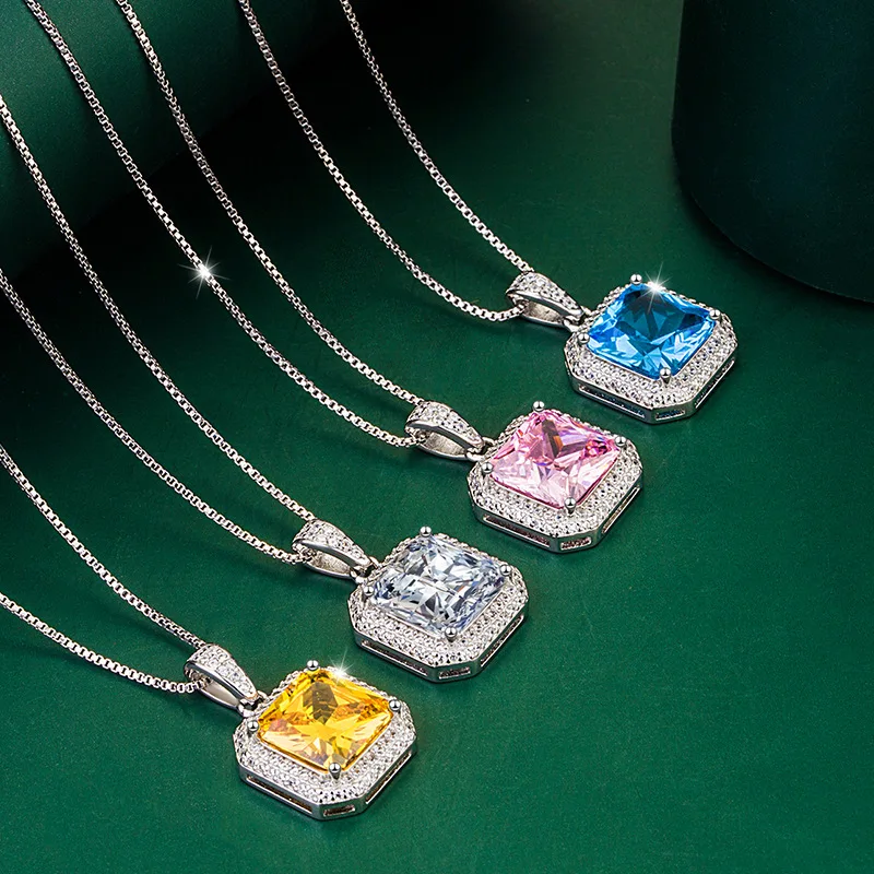 

European and American Style Luxury Necklace Simple Princess Square Pendant Inlaid with Yellow Diamond Pink Diamond Jewelry