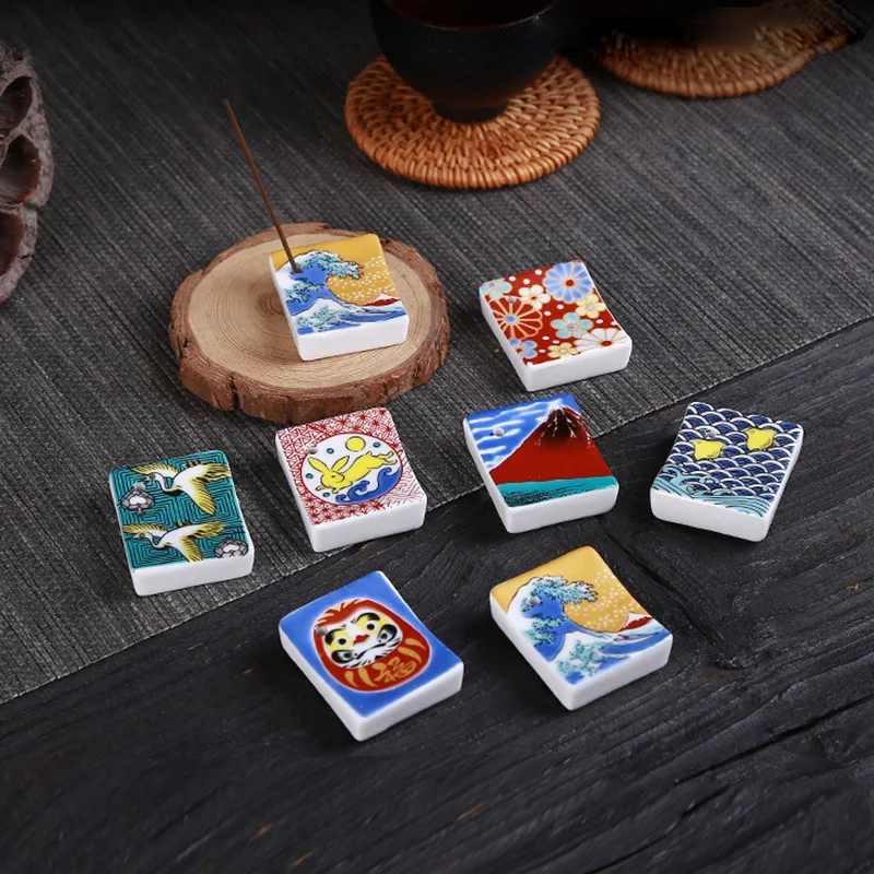 PINNY Japanese-style Painted Ceramic Incense Holder Square Zen Stick Incense Base Home Decoration Accessories