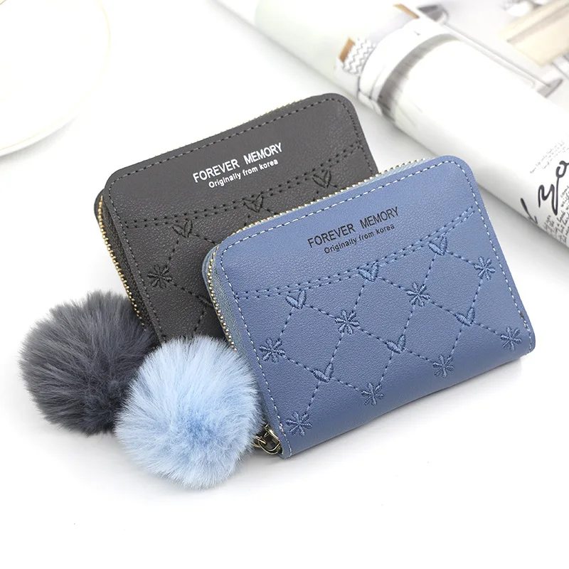 

New Embroidered Wallet For Women Ladies Coin Purses Hairball Tassel PU Leather Zipper Credit Card Holder Clutch Money Bag Pocket