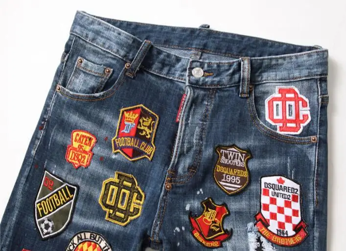 Hot Dsquared2 denim trousers high-quality patchwork contrast maple leaf stretch badge hole all handmade
