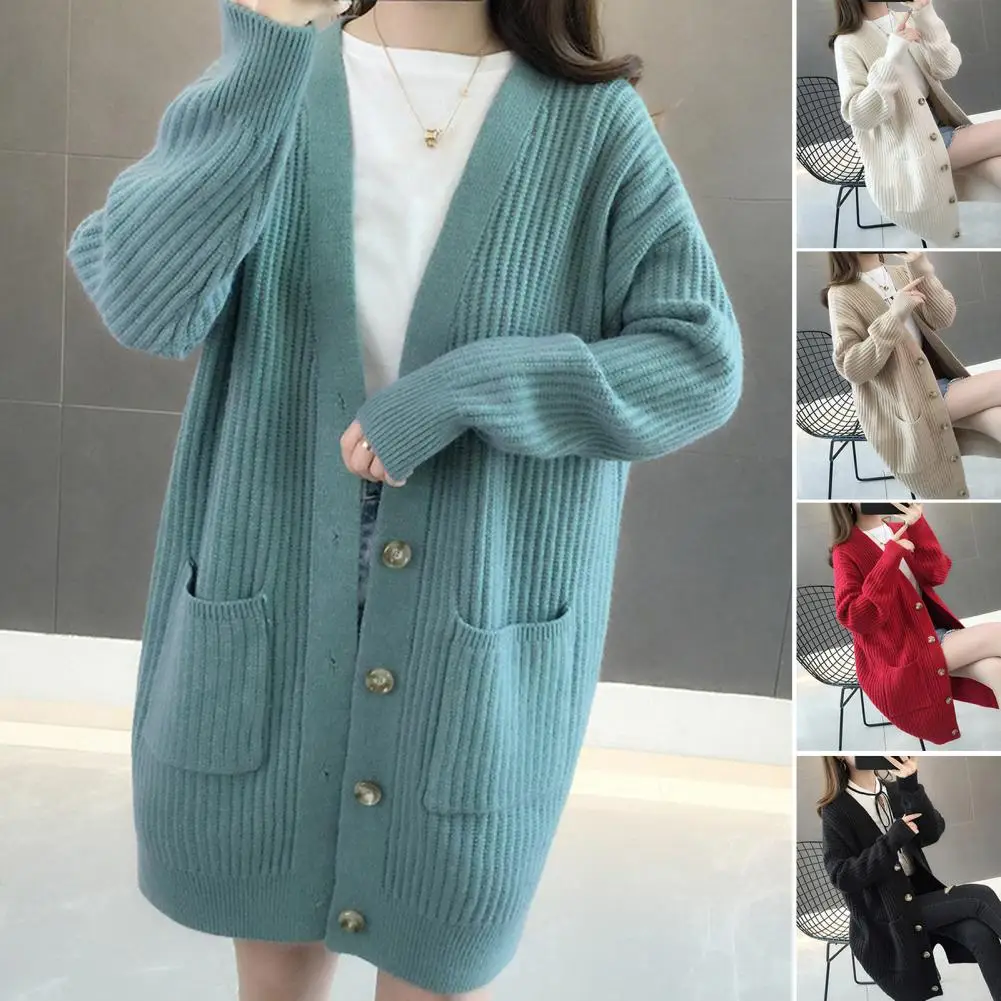 

Chic Knitted Cardigan Lines Texture Warm Knitted Coat Cardigan Style Pure Color Mid-Length Sweater Coat