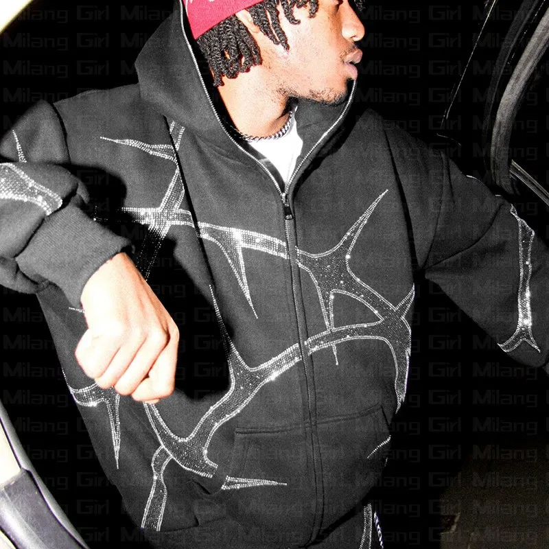 

Men Women Hoodies Sweatshirts Rhinestone Print Jacket Coat Plus Fleece Zip Cardigan Y2K Clothing Brand Hip Hop Streetwear