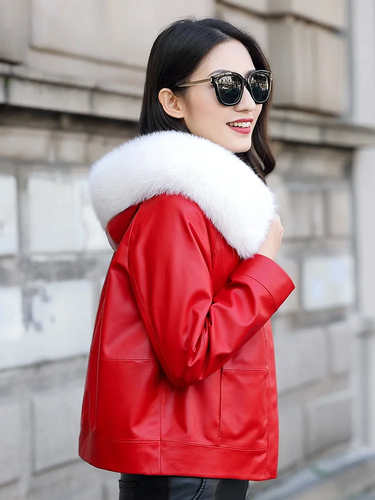 

Leather jacket,90%White Duck Down Women's Down Jackets Fox Fur Collar Hooded Coat Female Real Sheepskin Leather Jacket Women2023