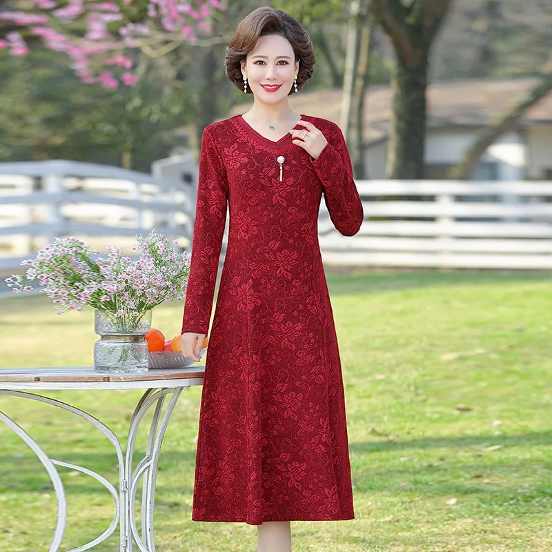 

Retro Jacquard Long Dress Women Office Lady Elegant Long Sleeve Party Dresses V neck A-Line Maxi Vestidos Mujer