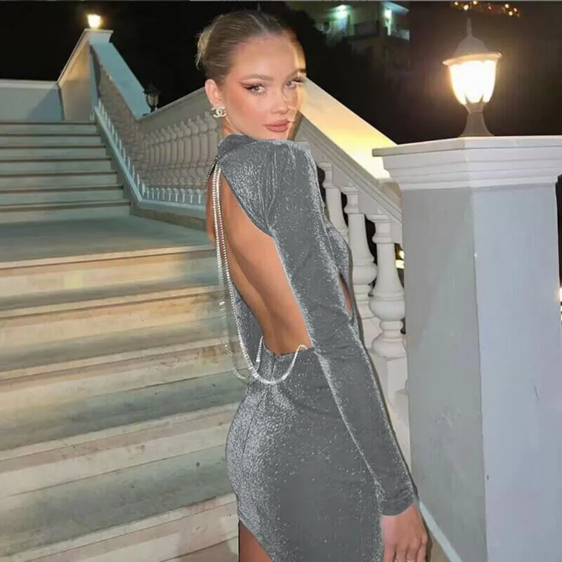 Sexy Backless Chain Glitter Party Dress for Women Clothes Vestido Elegant Outfits Autumn Long Sleeve Mini Dresses