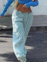 sunny y j joggers women y2k pants light blue low waist loose with pocket cargo pants solid color drawstring sweatpants 2022