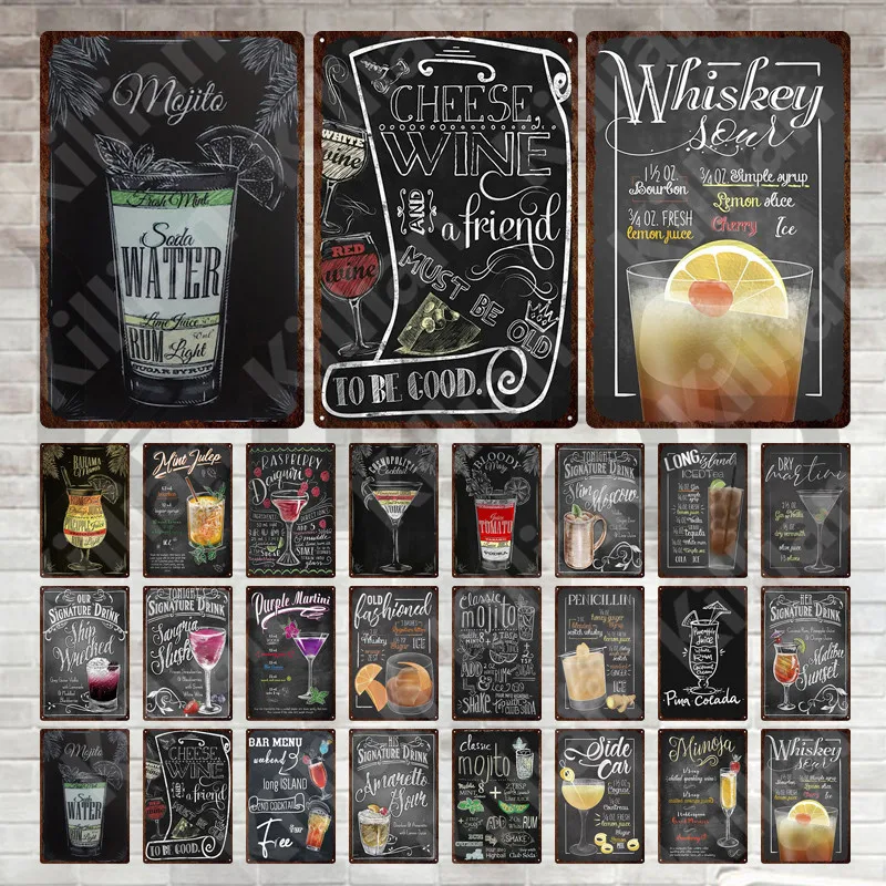 

Cocktail Metal Sign Mojito Whiskey Vintage Tin Sign Alcoholic Beverages Plaque Metal Poster Plate for Bar Pub Club Home Decor